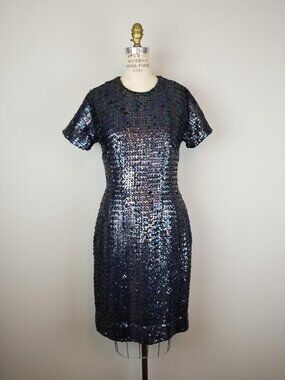 Vintage 1960's Black Iridescent Shimmery Sequin Cocktail Knit Wiggle Sheath Dres